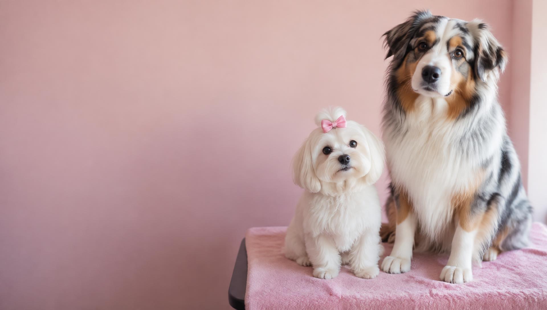 Two freshly groomed dogs in a soft pink boutique setting