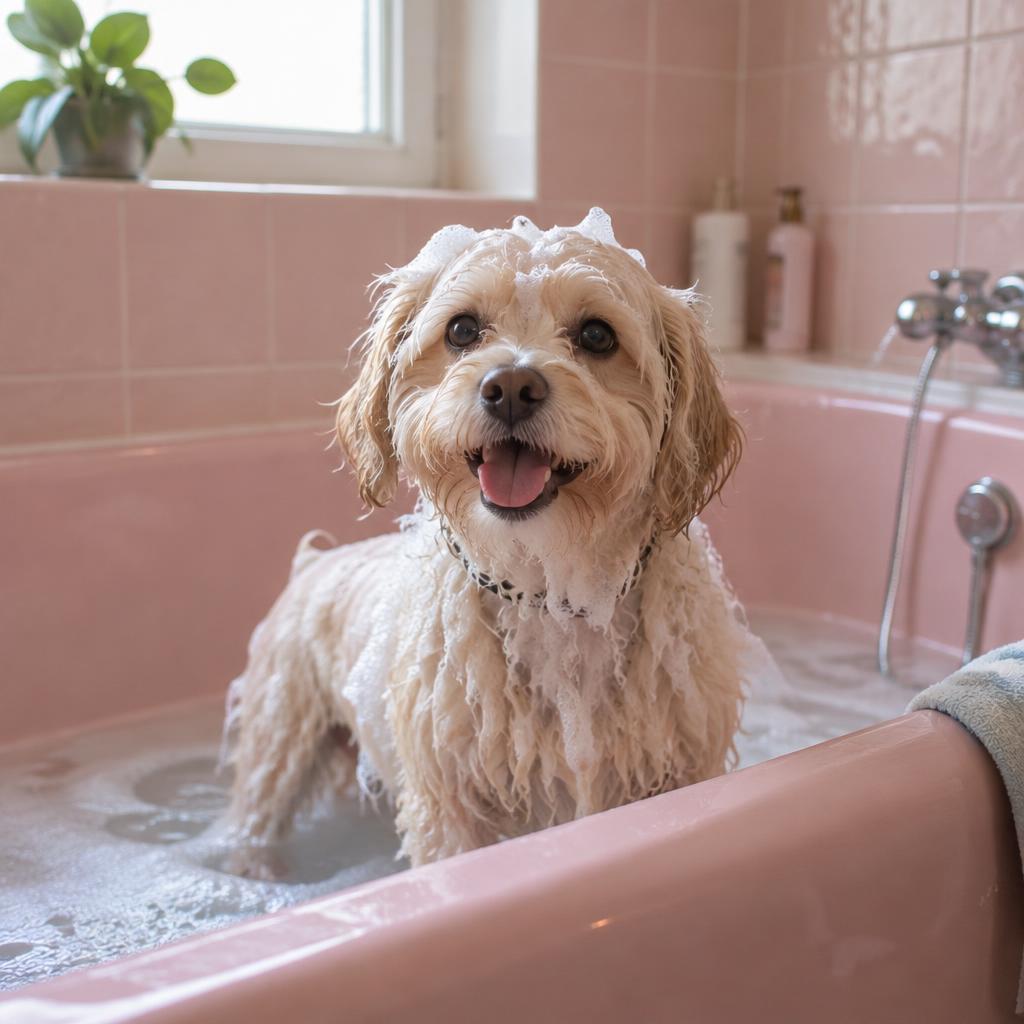 Illustrative photo of a small dog in a pastel bathtub with soap bubbles