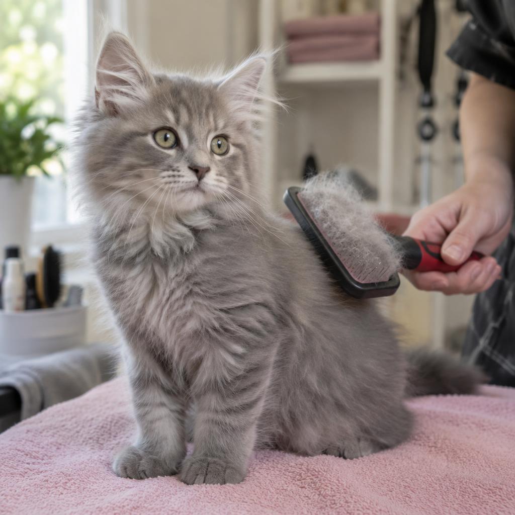 Illustrative photo of a fluffy kitten being gently brushed on a pink towel