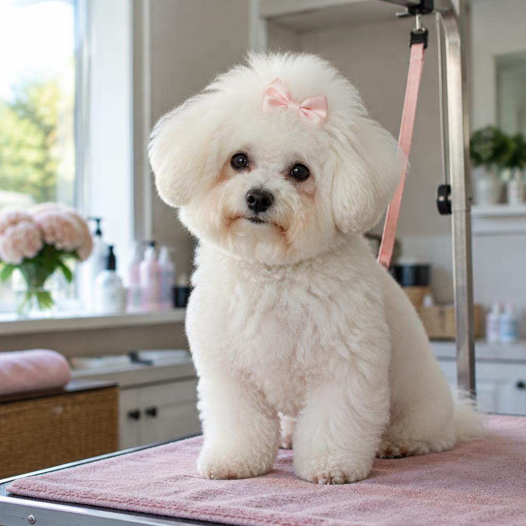 Illustrative photo of a freshly groomed fluffy white dog with a pink bow