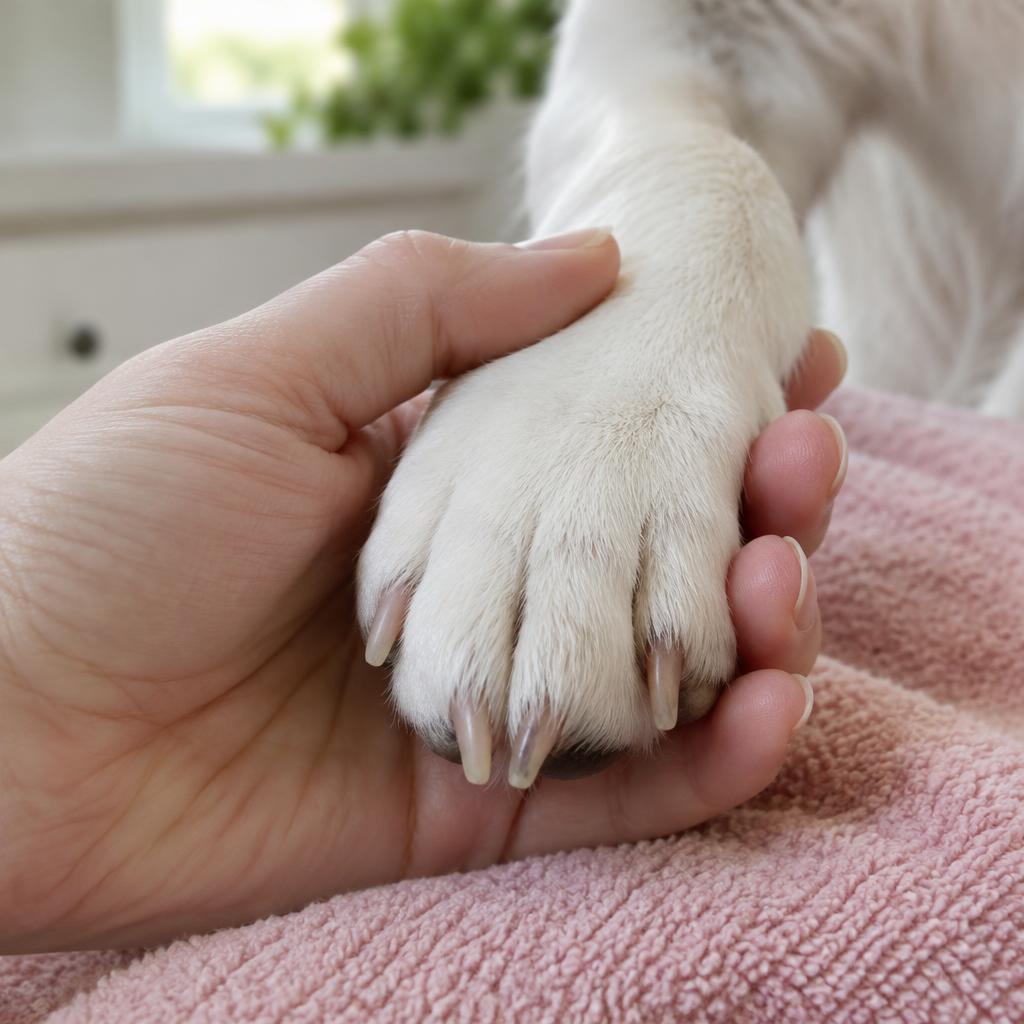 Illustrative photo of a small dog's paws resting on a pink towel during a nail trim